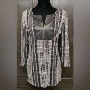 Cato Black, Gray & Off White Tunic w/ faux leather neckline -Size Small